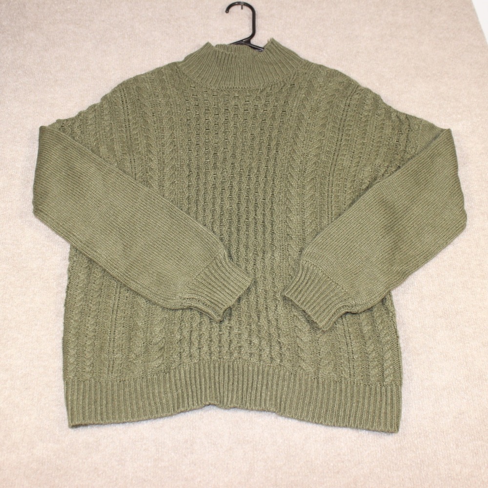 William Rast Womens Small Olive Green Cable Knit Mock Neck Pullover Sweater